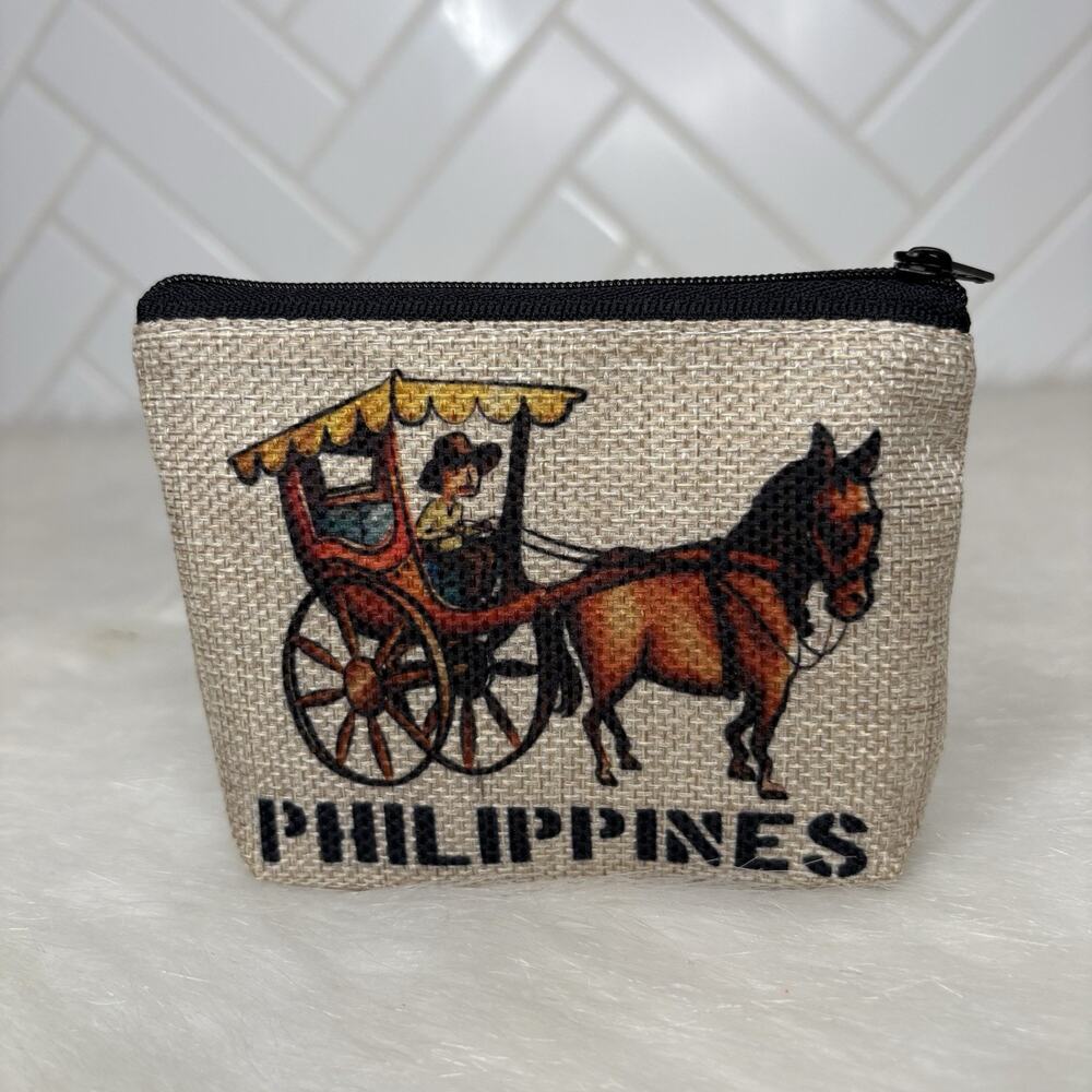 Philippines Coin Pouch Burlap Zip Wallet Kalesa Horse Carriage Design